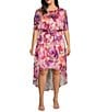 Color:Pink - Image 1 - Plus Size Split Short Sleeve Floral Print Chiffon High-Low A-Line Midi Dress