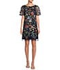 Color:Navy Pansy - Image 1 - Short Sleeve Boat Neck Floral Embroidered Mesh Dress