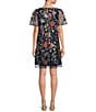 Color:Navy Pansy - Image 2 - Short Sleeve Boat Neck Floral Embroidered Mesh Dress