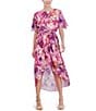 Color:Pink - Image 1 - Short Sleeve Crew Neck Tie Waist Floral High-Low Midi A-Line Dress
