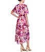 Color:Pink - Image 2 - Short Sleeve Crew Neck Tie Waist Floral High-Low Midi A-Line Dress
