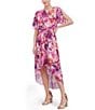 Color:Pink - Image 3 - Short Sleeve Crew Neck Tie Waist Floral High-Low Midi A-Line Dress