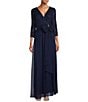 Color:Navy - Image 1 - Surplice V-Neck 3/4 Sleeve Bow Waist Gown