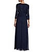 Color:Navy - Image 2 - Surplice V-Neck 3/4 Sleeve Bow Waist Gown