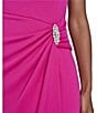 Jessica Howard Techno Scuba Knit Round Neck Cap Sleeve Wrap Front Gown, Color:Hot Pink - Image 4