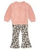 Color:Pink - Image 1 - Baby Girls 12-24 Months Long Sleeve Cable Knit Sweater & Printed Flare Pants Set
