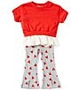 Color:Red - Image 1 - Baby Girls 12-24 Months Short Sleeve Valentine's Day Twofer Top & Heart Printed Flared Leg Pants Set