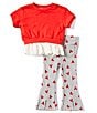 Color:Red - Image 2 - Baby Girls 12-24 Months Short Sleeve Valentine's Day Twofer Top & Heart Printed Flared Leg Pants Set