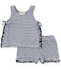 Color:Navy - Image 1 - Baby Girls 12-24 Months Sleeveless Stripe Crinkle Knit Top & Short Set