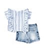 Color:Blue - Image 2 - Baby Girls 12-24 Months Stripe Ruffle Top & Denim Short Set