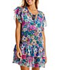 Color:Multi - Image 1 - Crazy Daisy Print Waist Frill Chiffon Cover-Up Dress