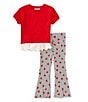 Color:Red - Image 1 - Little Girls 2T-6X Short-Sleeve Eyelet-Trimmed Top & Stripe/Heart-Print Flared-Leg Pant Set