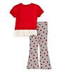 Color:Red - Image 2 - Little Girls 2T-6X Short-Sleeve Eyelet-Trimmed Top & Stripe/Heart-Print Flared-Leg Pant Set