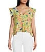 Color:Almost Apricot/Candy Hibiscus - Image 1 - Peyton Tropical Floral Printed Flutter Sleeve Peplum Blouse