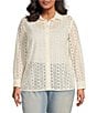 Color:Gardenia - Image 1 - Plus Size Berly Point Collar Long Sleeve Button-Front Allover Eyelet Shirt