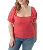 Color:Clariet Red - Image 1 - Plus Size Diamond Square Neck Short Puffed Sleeve Smocked Top