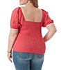 Color:Clariet Red - Image 2 - Plus Size Diamond Square Neck Short Puffed Sleeve Smocked Top