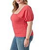 Color:Clariet Red - Image 3 - Plus Size Diamond Square Neck Short Puffed Sleeve Smocked Top