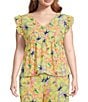 Color:Almosts Apricot/Candy Hibiscus - Image 1 - Plus Size Inge V-Neck Ruffle Cap Sleeve Printed Blouse