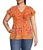 Color:Autumn Sunset - Image 1 - Plus Size Nori Smocked Ruffle V-Neck Short Sleeve Half Button-Front Top