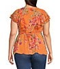Color:Autumn Sunset - Image 2 - Plus Size Nori Smocked Ruffle V-Neck Short Sleeve Half Button-Front Top