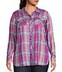 Color:Radiant Orchid - Image 1 - Plus Size Petunia Checkered Plaid Print Button-Up Shirt