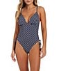 Jessica Simpson Shibori Plunge Neck Drawstring One Piece Swimsuit, Color:Navy Multi - Image 1