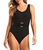 Color:Black - Image 1 - Textured Solid Belted O-Ring Tank One Piece Swimsuit