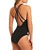 Color:Black - Image 2 - Textured Solids Double Strap Deep V-Neck Plunge One Pience Swimsuit