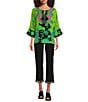 John Mark Embroidered Printed Split Round Neck 3/4 Dolman Sleeve Tassel Tie Tunic, Color:Green Print - Image 3