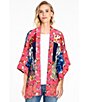 Color:Floral Multi - Image 4 - 3/4 Sleeve Floral Mixed Print Open Front Lace Trim Statement Kimono