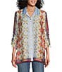 Color:Abstract Multi - Image 1 - Abstract Print Collar Neck 3/4 Sleeve Hi-Low Hem Button Front Top