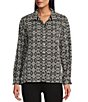 John Mark All Over Embroidered Triangular Geo Print Point Collar Long Roll Tab Sleeve Button Front Shirt, Color:Black - Image 1