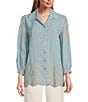 Color:Cestial Blue - Image 1 - All Over Eyelet Embroidery Point Collar Smocked Cuff 3/4 Sleeve Scalloped Hem Button-Front Blouse