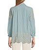 Color:Cestial Blue - Image 2 - All Over Eyelet Embroidery Point Collar Smocked Cuff 3/4 Sleeve Scalloped Hem Button-Front Blouse