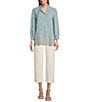 Color:Cestial Blue - Image 3 - All Over Eyelet Embroidery Point Collar Smocked Cuff 3/4 Sleeve Scalloped Hem Button-Front Blouse