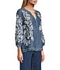 John Mark All Over Floral Embordered Band Split V-Neck 3/4 Sleeve Top, Color:Indigo - Image 3