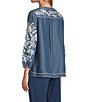 John Mark All Over Floral Embordered Band Split V-Neck 3/4 Sleeve Top, Color:Indigo - Image 4