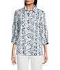 John Mark Allover Embroidered Eyelet Printed Point Collar Long Roll-Tab Sleeve Button Front Tunic, Color:Blue Print - Image 1