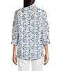 John Mark Allover Embroidered Eyelet Printed Point Collar Long Roll-Tab Sleeve Button Front Tunic, Color:Blue Print - Image 2