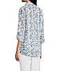 John Mark Allover Embroidered Eyelet Printed Point Collar Long Roll-Tab Sleeve Button Front Tunic, Color:Blue Print - Image 4