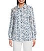 John Mark Allover Embroidered Eyelet Printed Point Collar Long Roll-Tab Sleeve Button Front Tunic, Color:Blue Print - Image 5