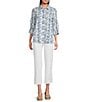 John Mark Allover Embroidered Eyelet Printed Point Collar Long Roll-Tab Sleeve Button Front Tunic, Color:Blue Print - Image 6