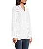 John Mark Allover Embroidered Eyelet Wire Neck Long Roll-Tab Sleeve Button Front Blouse, Color:White - Image 3
