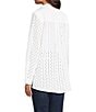 John Mark Allover Embroidered Eyelet Wire Neck Long Roll-Tab Sleeve Button Front Blouse, Color:White - Image 4