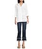 John Mark Allover Embroidered Eyelet Wire Neck Long Roll-Tab Sleeve Button Front Blouse, Color:White - Image 5