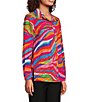 John Mark Allover Eyelet Embroidered Watercolor Print Point Collar Long Roll-Tab Sleeve Button Front Blouse, Color:Multi - Image 3