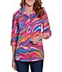 John Mark Allover Eyelet Embroidered Watercolor Print Point Collar Long Roll-Tab Sleeve Button Front Blouse, Color:Multi - Image 6