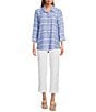 John Mark Allover Ikat Print Point Collar 3/4 Sleeve Hi-Low Hem Button Front Shirt, Color:Blue Print - Image 5