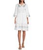 Color:White - Image 1 - Basket Weave Embroidered 3/4 Flounce Sleeves Knee Length Dress